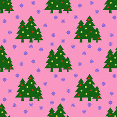Seamless pattern. Image of green Christmas trees with balls and snowflakes on pastel purple backgrounds. Symbol of New Year and Christmas. Template for applying to surface. 3D image. 3d rendering