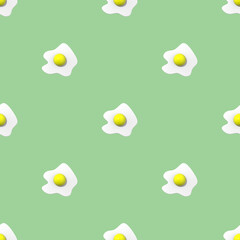 Seamless pattern. Image of chicken egg on pasty yellow green background. Egg with round yolk. Surface overlay pattern. 3D image. 3D rendering.