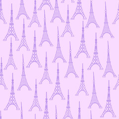 seamless pattern with handdrawn Eiffel Tower on a purple background