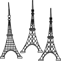 Set of three handdrown black and white Eiffel Towers