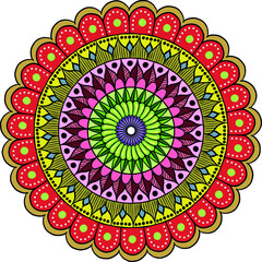 Drawing of a floral multicolor mandala on a white background. Hand drawn tribal vector stock illustration