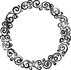 drawing of a round black and white frame with floral ornament on a white background