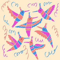 Hand drawn festive hummingbirds birthday pattern. Perfect for T-shirt, poster, greeting card and print. Doodle vector illustration for decor and design.
