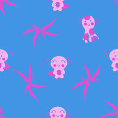 Hand drawn marine octopus and axolotls seamless pattern. Perfect for T-shirt, textile and print. Doodle vector illustration for decor and design.
