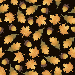 Seamless pattern with felt-tip pens drawing of a watercolor cute cartoon leaves and acorn
