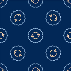 Line Recycle symbol icon isolated seamless pattern on blue background. Circular arrow icon. Environment recyclable go green. Vector