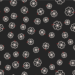 Line Four leaf clover icon isolated seamless pattern on black background. Happy Saint Patrick day. Vector