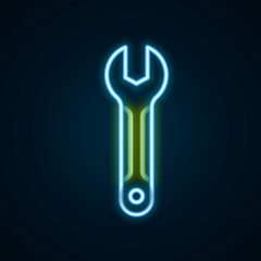 Fototapeta premium Glowing neon line Wrench spanner icon isolated on black background. Spanner repair tool. Service tool symbol. Colorful outline concept. Vector