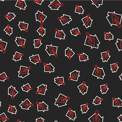 Line House or home with trowel icon isolated seamless pattern on black background. Adjusting, service, setting, maintenance, repair, fixing. Vector