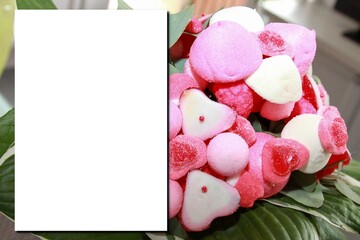 mockup wedding pastel candies roses decorated candy with white paper empty space for text mock up