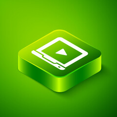 Isometric Online play video icon isolated on green background. Laptop and film strip with play sign. Green square button. Vector