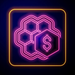 Glowing neon Sale of honeycomb icon isolated on black background. Honey cells symbol. Sweet natural food. Vector