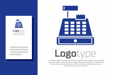 Blue Cash register machine with a check icon isolated on white background. Cashier sign. Cashbox symbol. Logo design template element. Vector Illustration