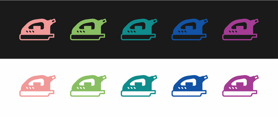 Set Electric iron icon isolated on black and white background. Steam iron. Vector