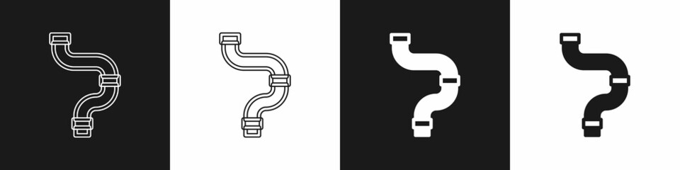 Set Industry metallic pipe icon isolated on black and white background. Plumbing pipeline parts of different shapes. Vector
