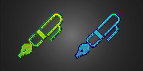 Green and blue Fountain pen nib icon isolated on black background. Pen tool sign. Vector