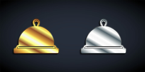 Gold and silver Covered with a tray of food icon isolated on black background. Tray and lid sign. Restaurant cloche with lid. Long shadow style. Vector