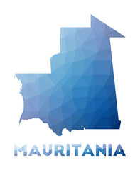 Low poly map of Mauritania. Geometric illustration of the country. Mauritania polygonal map. Technology, internet, network concept. Vector illustration.