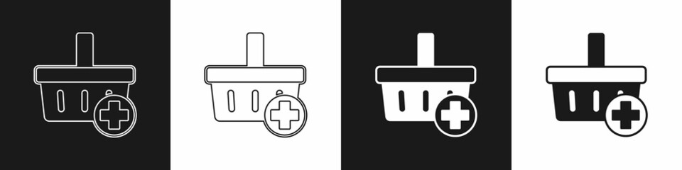 Set Add to Shopping basket icon isolated on black and white background. Online buying concept. Delivery service. Supermarket basket symbol. Vector