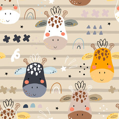Cute giraffe Pattern print for kids. Funny cute scandinavian giraffe cartoon style. Printable templates. Perfect for kids apparel, poster, baby shower card. - 474334527