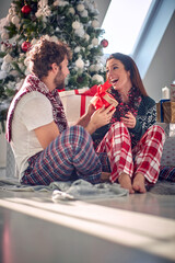 Festive caucasian couple exchanging Christmas gifts; Holiday joy concept