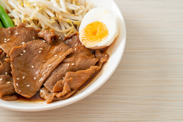stir-fry Teriyaki Pork with sesame seeds ,mung bean sprouts, boiled egg and rice set