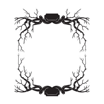 Branches Tree Roots Frame Woodcut Vintage Line Art. Vector Illustration.