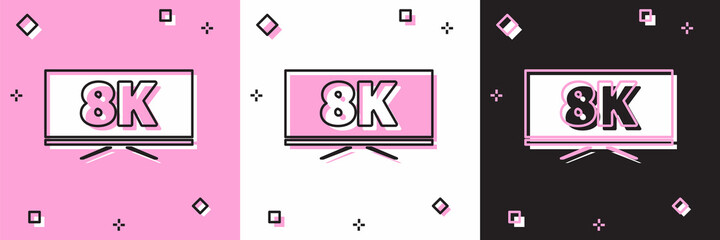 Set Screen tv with 8k Ultra HD video technology icon isolated on pink and white, black background. Vector