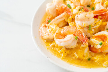 creamy omelet with shrimps or scrambled eggs and shrimps