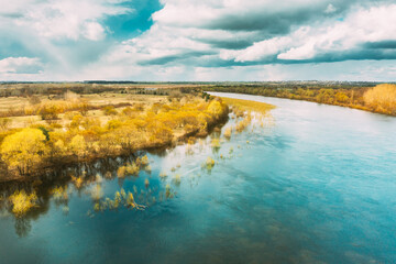 River During Spring Flood Water. Aerial View Landscape. Top View Of Beautiful European Nature From...