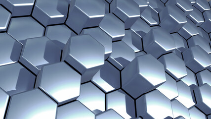 Silver 3D hexagons geometric background, lustrous chrome metallic shapes stacks, render technology illustration.
