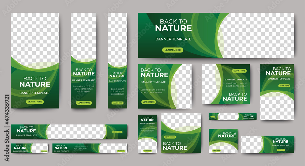 Wall mural nature banner design web template set, horizontal header web banner. modern gradient green cover hea