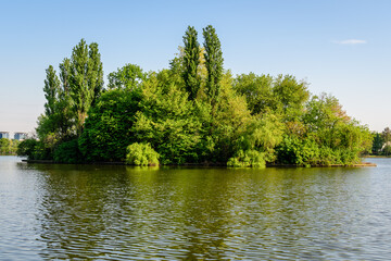 Landscape with one green island on Herastrau lake in King Michael I Park in Bucharest, Romania,  in...