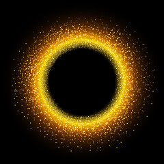 Golden sparkling ring with glitter on black background. Vector luxury and shiny golden frame with magic brocade dust.