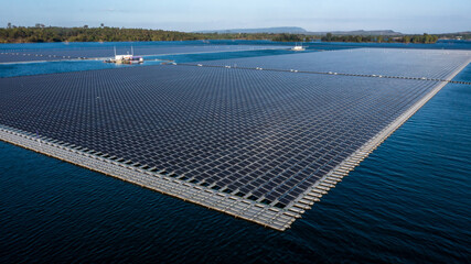 Aerial view floating solar cell power plant with solar cell generate the electric on the lake,...