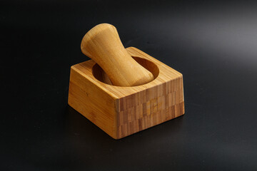 Wooden mortar for kitchen isolated
