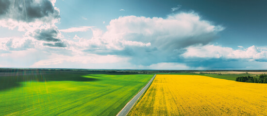 Aerial View Of Agricultural Landscape With Flowering Blooming Rapeseed, Oilseed And Green Wheat In Field In Spring Season. Blossom Of Canola Yellow Flowers. Beautiful Rural Country Road © Great Brut Here