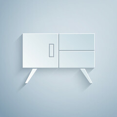 Paper cut Chest of drawers icon isolated on grey background. Paper art style. Vector