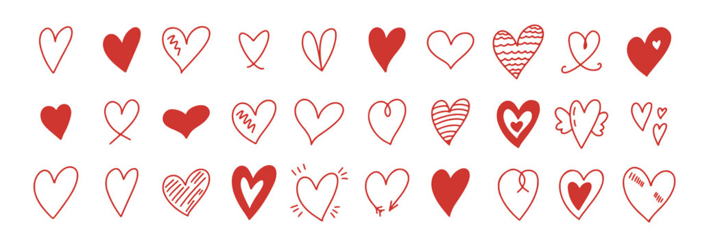 Doodle hearts sketch set. Various different hand drawn heart icon love collection isolated on white background. Red heart symbol for Valentines Day.