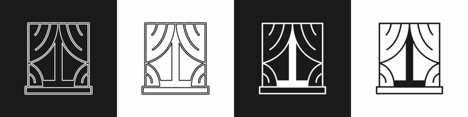 Set Window with curtains in the room icon isolated on black and white background. Vector