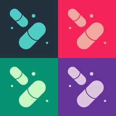Pop art Vitamin complex of pill capsule icon isolated on color background. Healthy lifestyle. Vector
