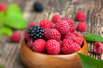 harvested red raspberries, close up