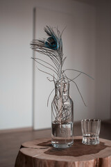Transparent bottle with water, glass and peacock feather, exquisite home interior (focus on the bottle)