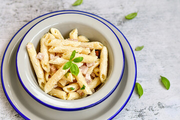  Fresh home made italian  penne  pasta   alla carbonara with  cream sauce  ,  bacon,egg, parmesan cheese ,olive oil and black pepper) 