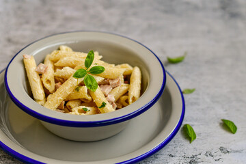  Fresh home made italian  penne  pasta   alla carbonara with  cream sauce  ,  bacon,egg, parmesan cheese ,olive oil and black pepper) 