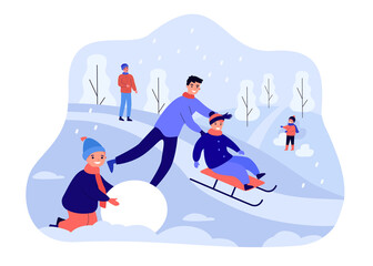 Kids and man sledding down hill together, building snowman. People enjoying snow outdoor flat vector illustration. Winter fun activity, leisure concept for banner, website design or landing web page