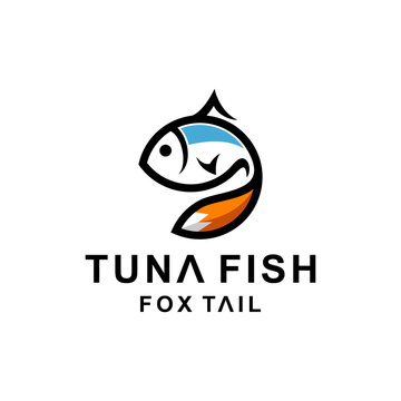 Combination Tuna Fish and fox tail with line art style in white background , template vector logo design editable
