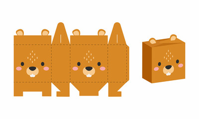 Simple packaging favor box beaver design for sweets, candies, presents, bakery. DIY package template for any purposes, birthdays, baby showers, halloween, christmas. Print, cutout, fold, glue. © Jexy