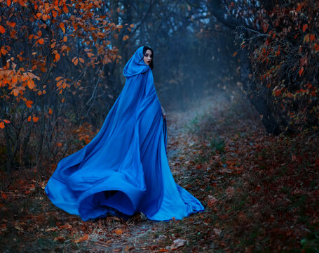 Gothic mysterious woman walks in fantasy autumn forest. long silk blue cloak flutters, waving fly in wind, fabric in motion. Head hood. Girl princess looks back. Fallen orange leaves dark trees, fog.