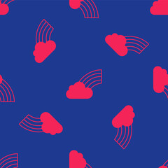 Red Rainbow with cloud icon isolated seamless pattern on blue background. Happy Saint Patricks day. National Irish holiday. Vector